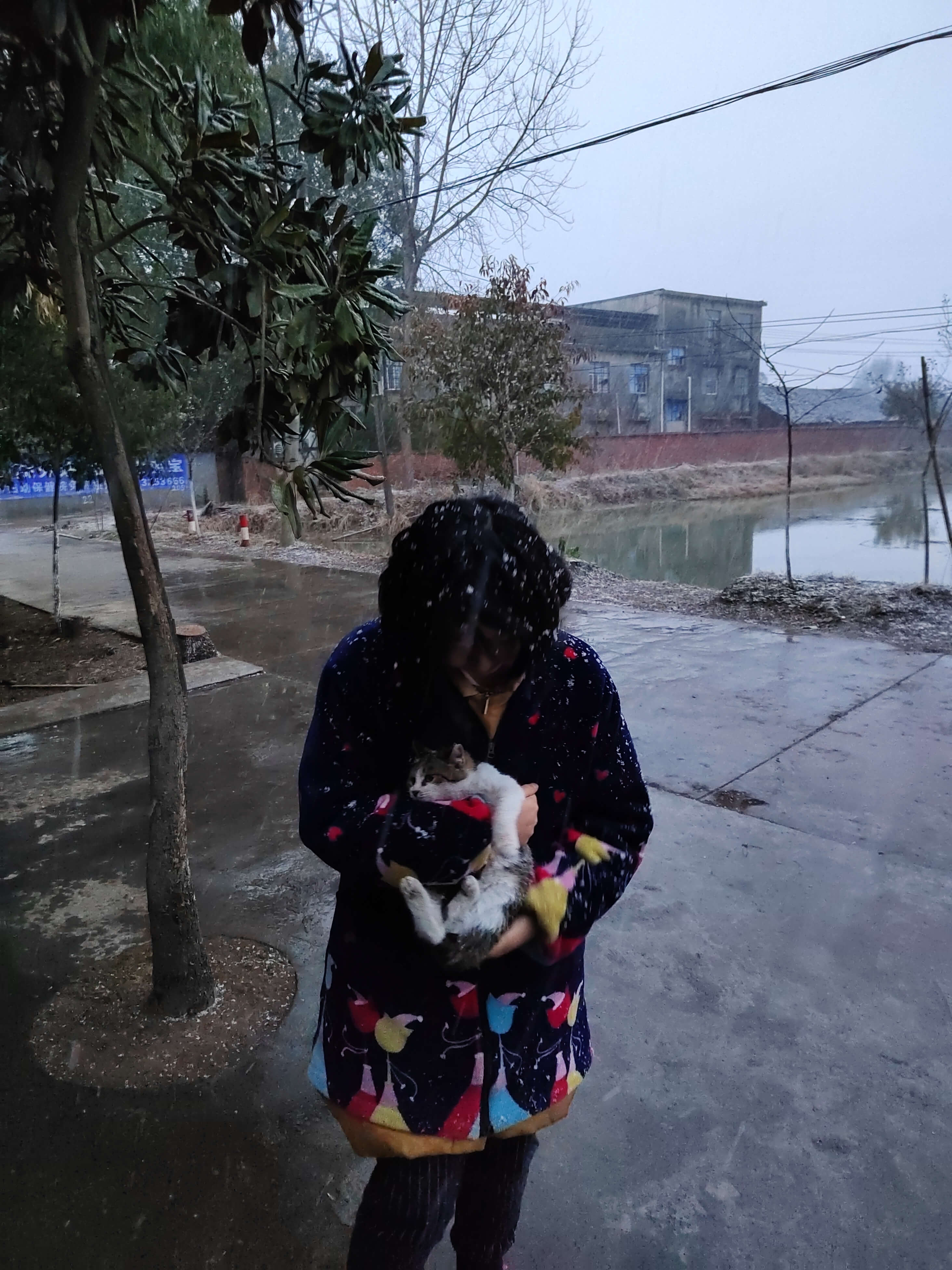 雪中抱猫的少女